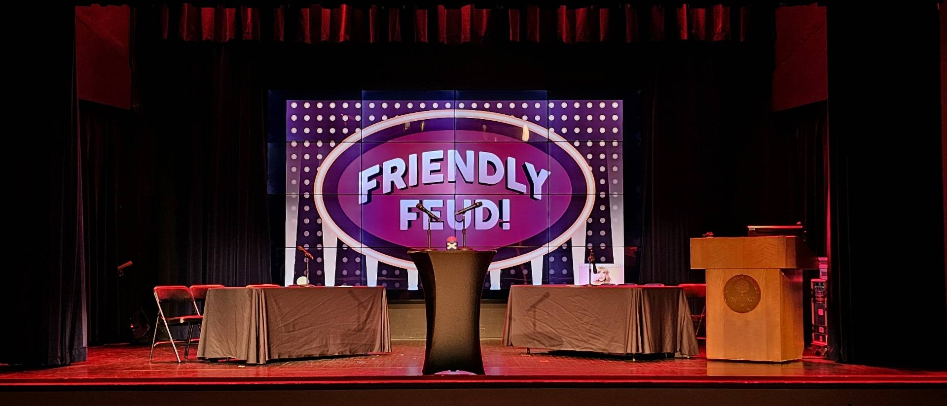 Photo of stage set up for Friendly Feud event