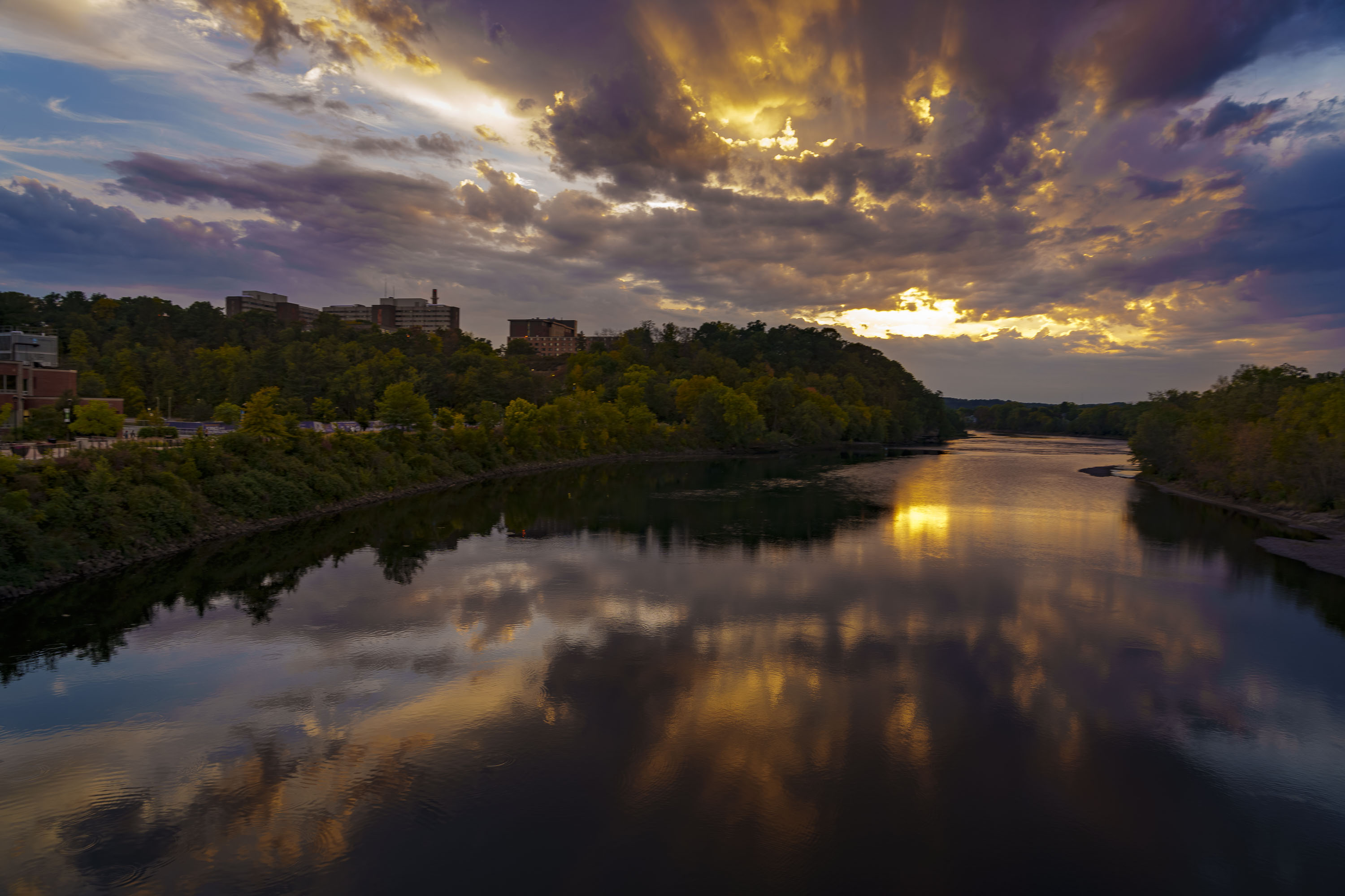 spectacular sunset over the Chippewa River, purples, blues, gold