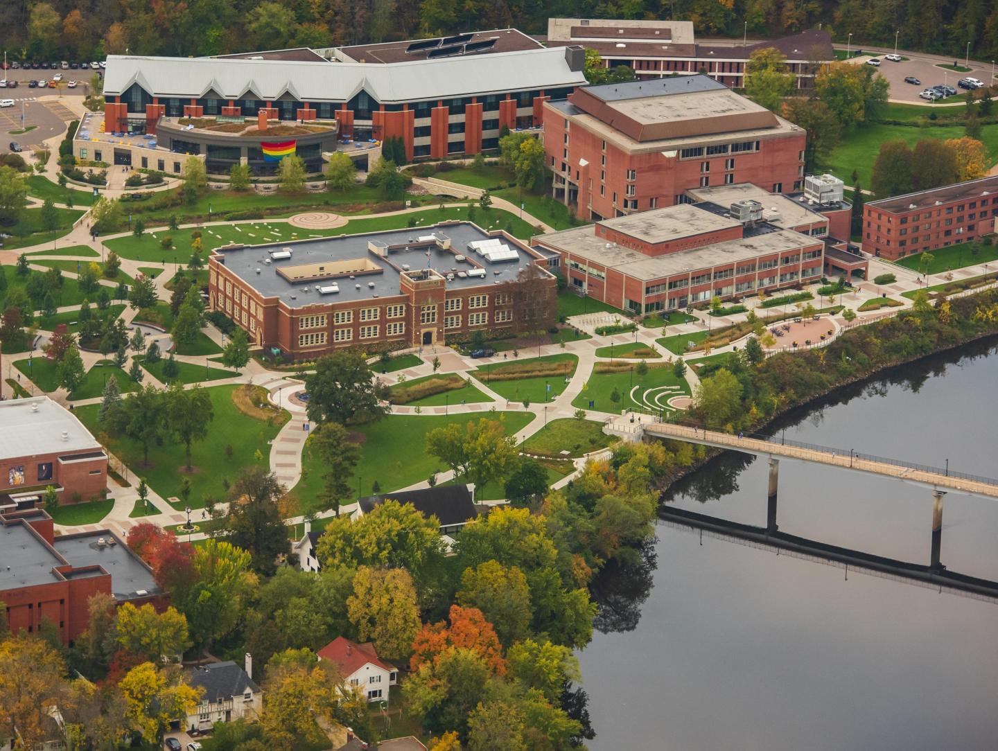 aerial shot of UWEC including river