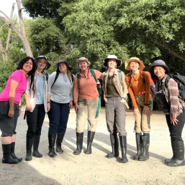 Student researchers outside in field gear