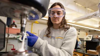 student in biomedical foam research lab
