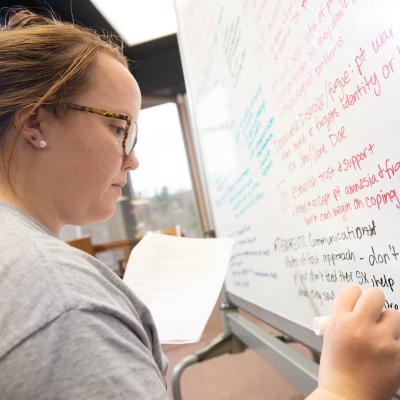 Nursing student in finals week whiteboarding 