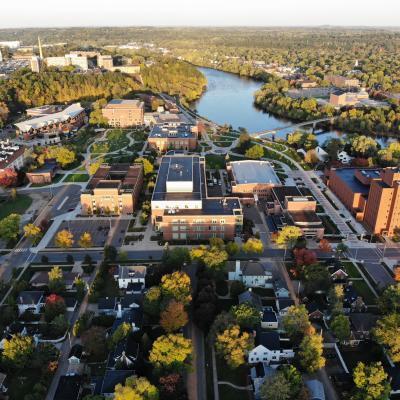 Wide angle drone view of all campus and neighborhood