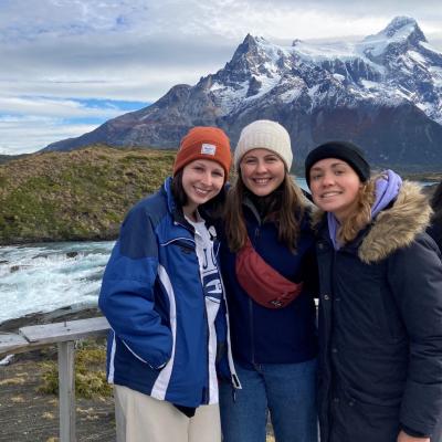 A group of student during study aboard taking picture at a Torres del Paine National Park, Chile.