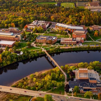 campus aerial in fall colors starting 