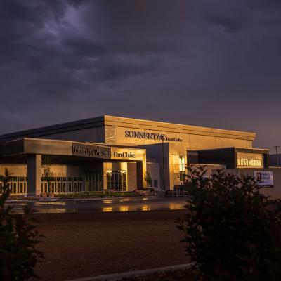 Sonnentag Center, after thunderstorm, dark clouds in the sky 