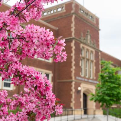 Schofield Hall in the spring with trees blooming.