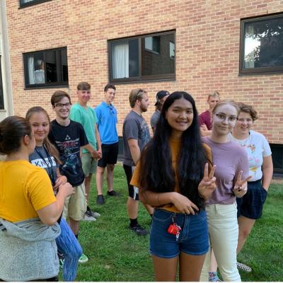 Honors LLC students gathering in Bridgman Hall's backyard