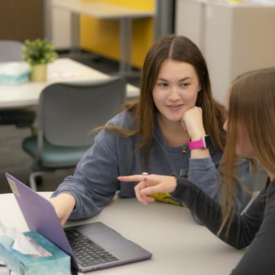 two female students at a table for a tutoring sessions, laptops on the table, both are looking at the screen