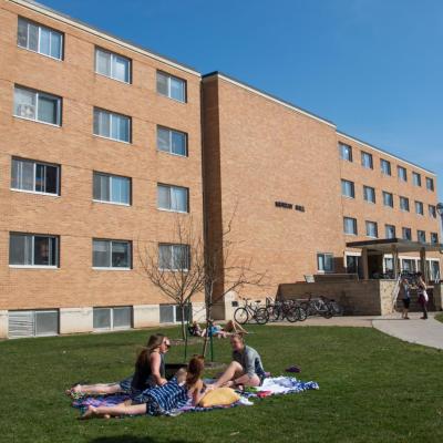 Murray Hall with students outside of it at UW-Eau Claire 