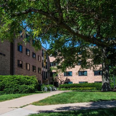 Exterior image of Bridgman Hall including walkway