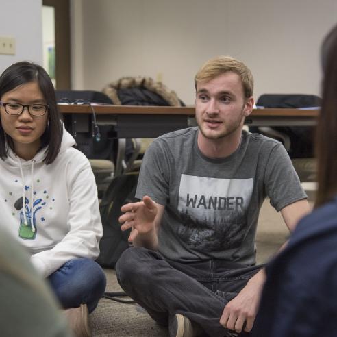 A group student discussing in a Leadership seminar series.