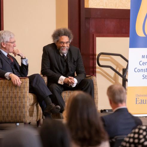 Speaker sitting on stage during an event at the Menard Center for Constitutional Studies at UWEC