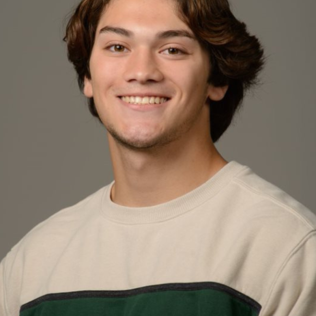 A male-presenting person with short dark wavy hair. He is wearing a white and green top and is smiling.