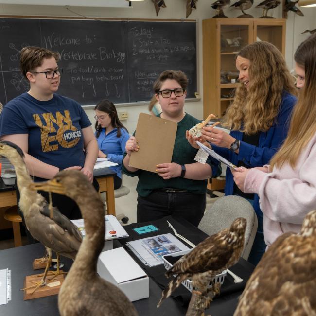 Students listen as their professor demonstrates using a bird figurine