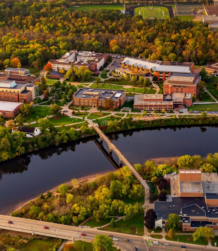 campus aerial in fall colors starting 