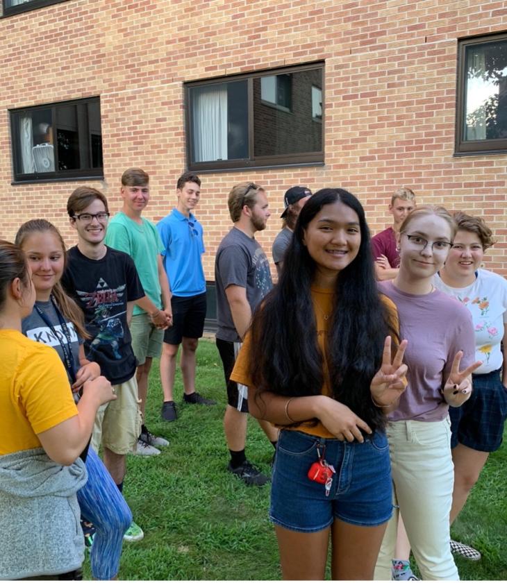 Honors LLC students gathering in Bridgman Hall's backyard