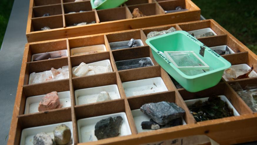 tray of mineral samples in geology lab