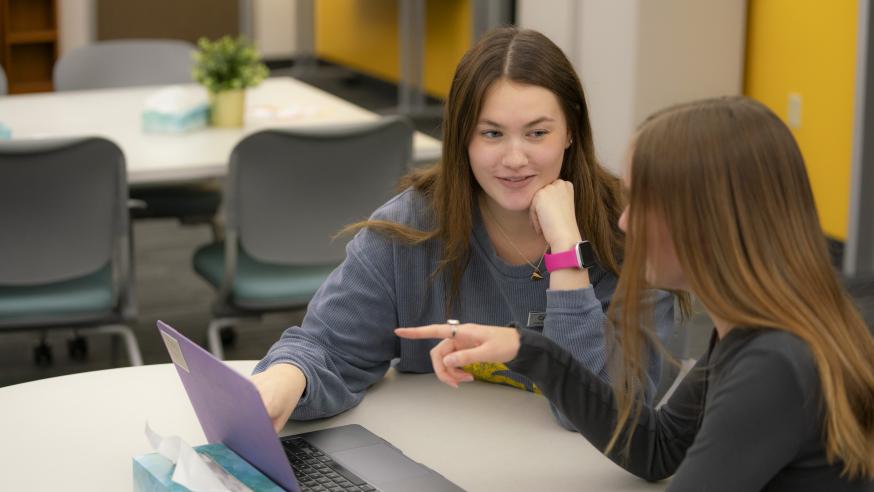 two female students at a table for a tutoring sessions, laptops on the table, both are looking at the screen