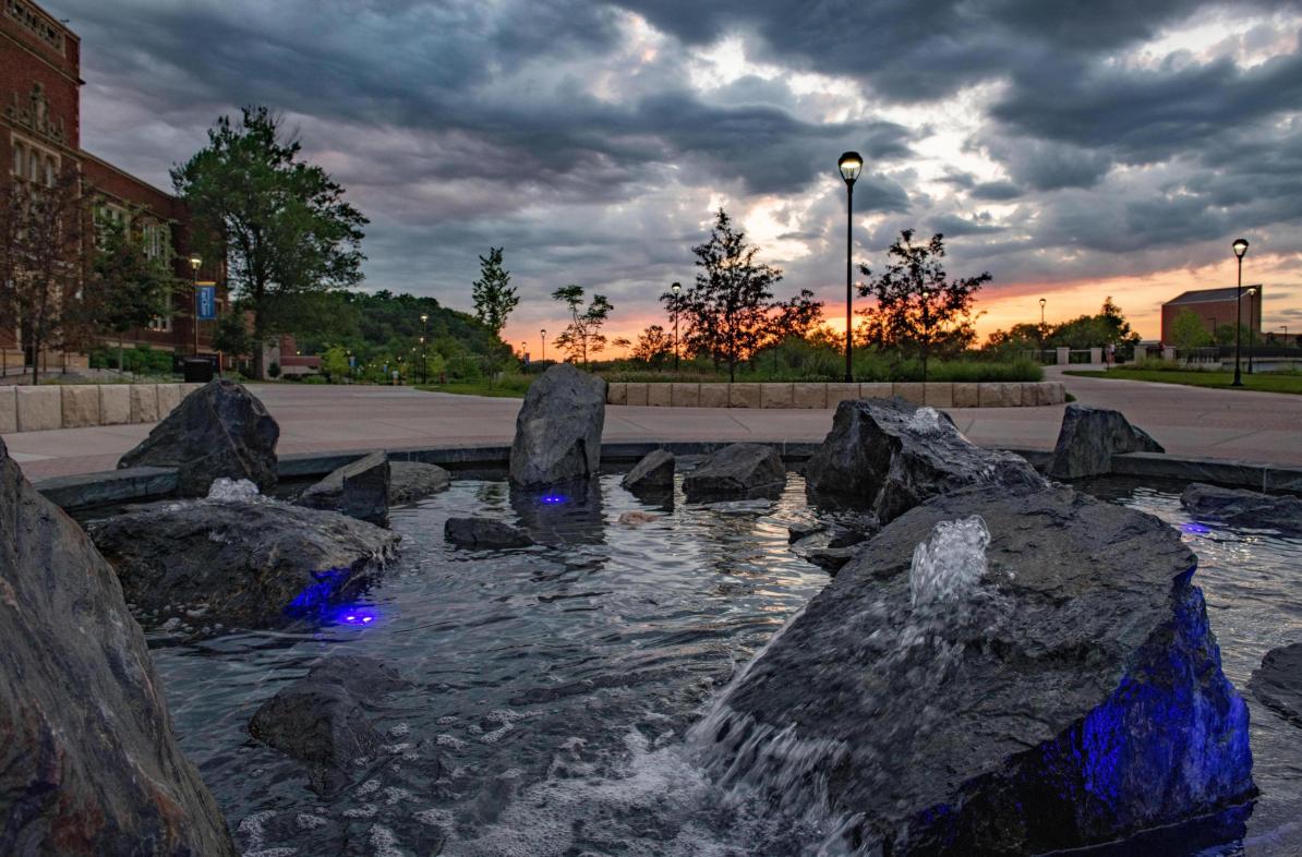 Stowe Family Fountain with a sunset in the background