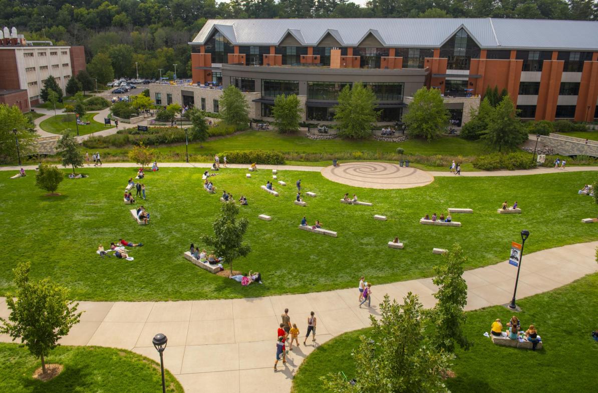 Campus mall and Davies Center in early fall