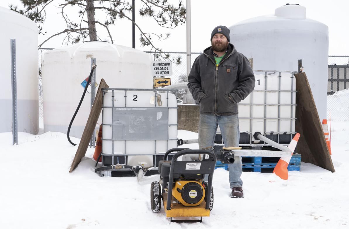 For UW-Eau Claire Facilities, the move to brine use for de-icing was facilitated by vehicle technician Jake Seichter, who fully designed and built the machinery in-house. (Photo by Bill Hoepner)