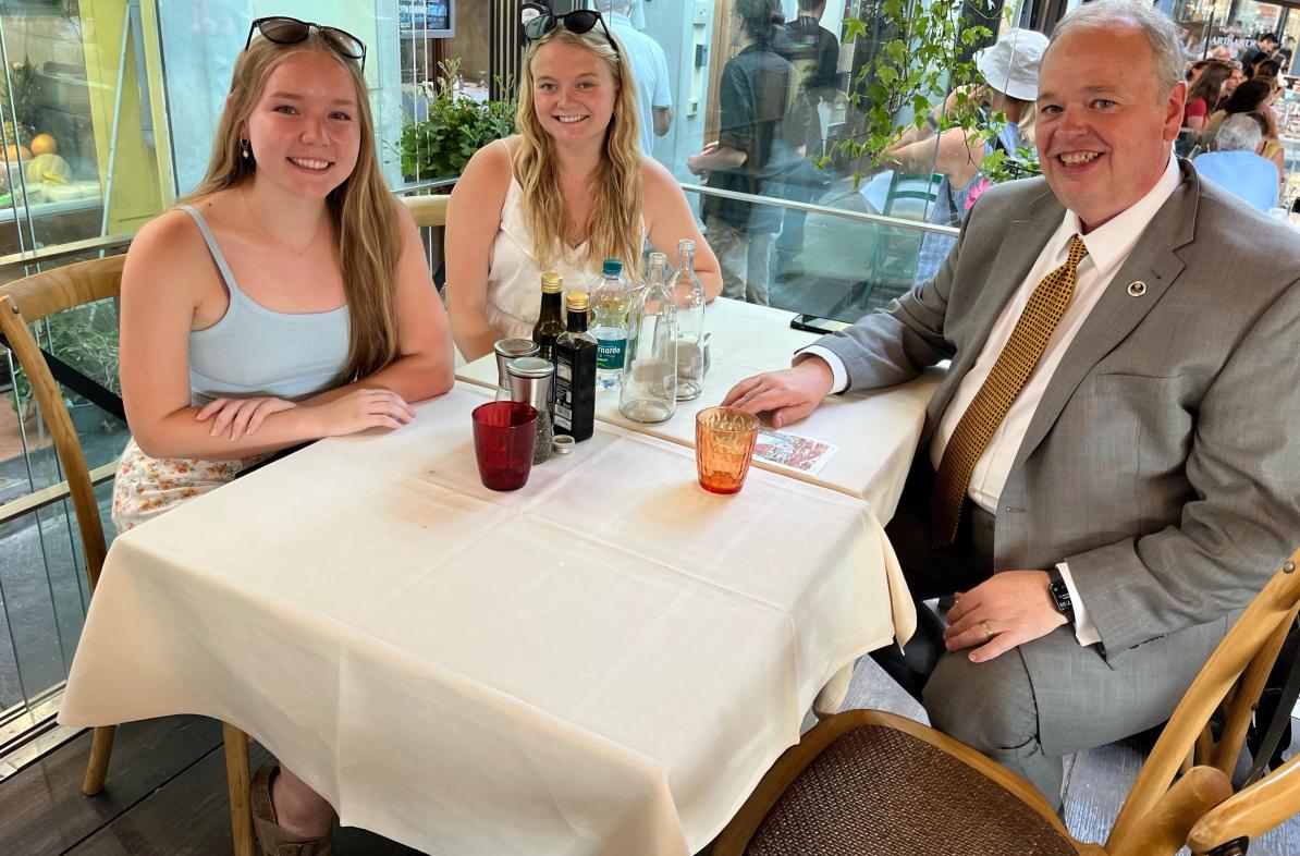 Blugolds (from left) Katie Murphy, Natalie Johnson and Chancellor Jim Schmidt spent time together in Italy this summer, where the students are studying abroad.