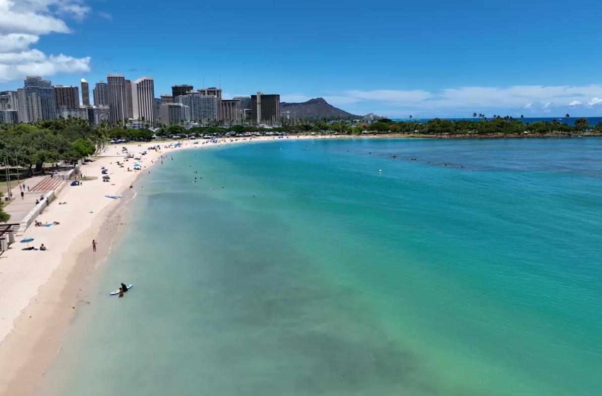 Hawaii is a popular tourist destination because of its many beaches such as this one, Ala Moana Beach in Honolulu, that overlooks the Waikiki area.