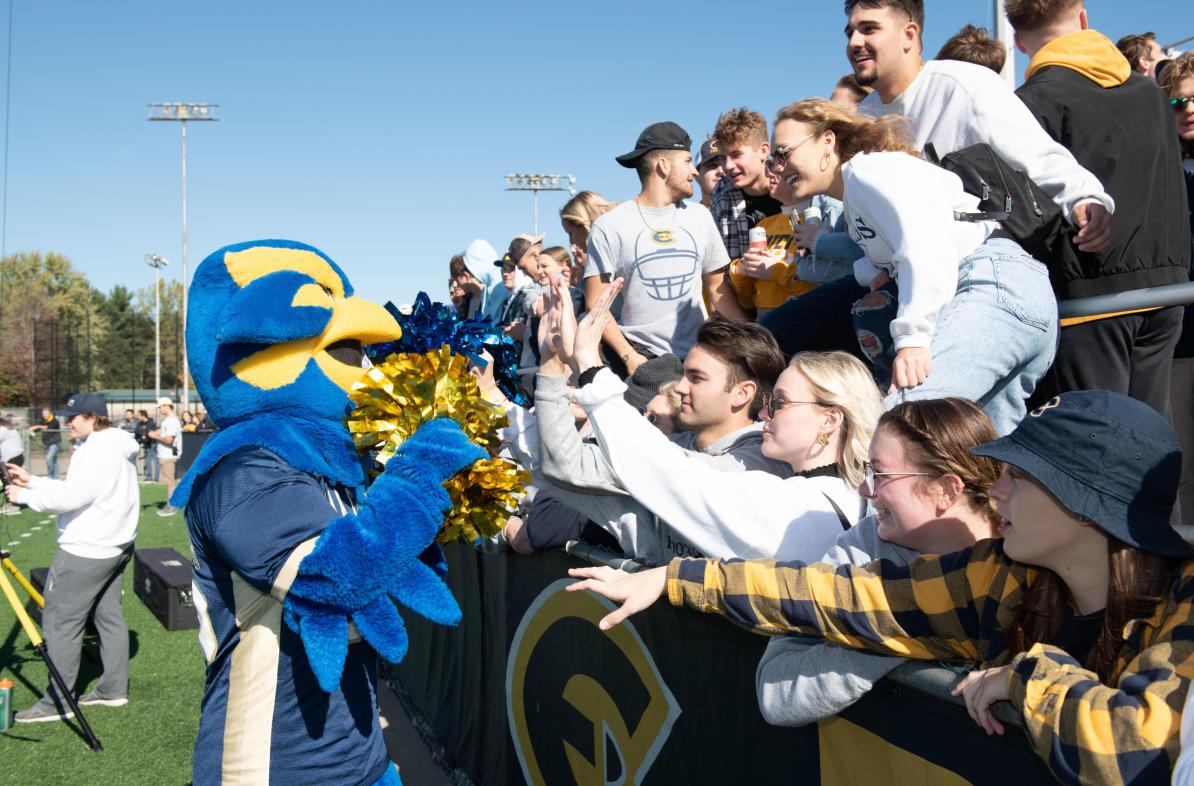 Blu high-fiving crowd at football game