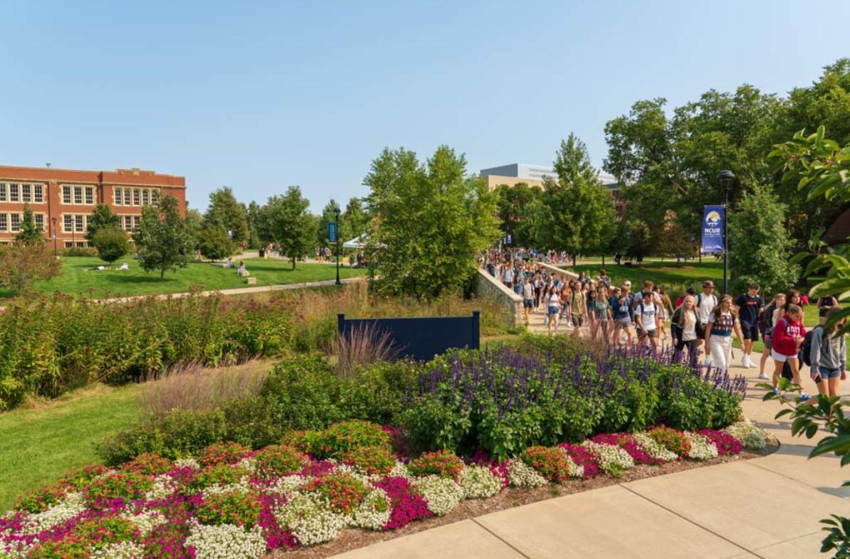 Students on lower campus in fall