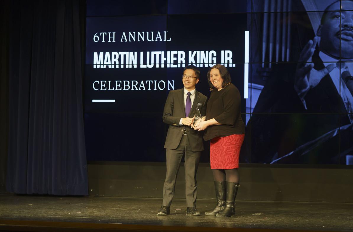 Two people on stage at the MLK celebration