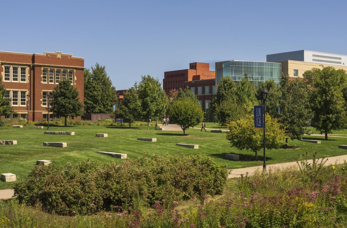 UW-Eau Claire outdoor photo of campus mall with Schofield and Centennial halls in background