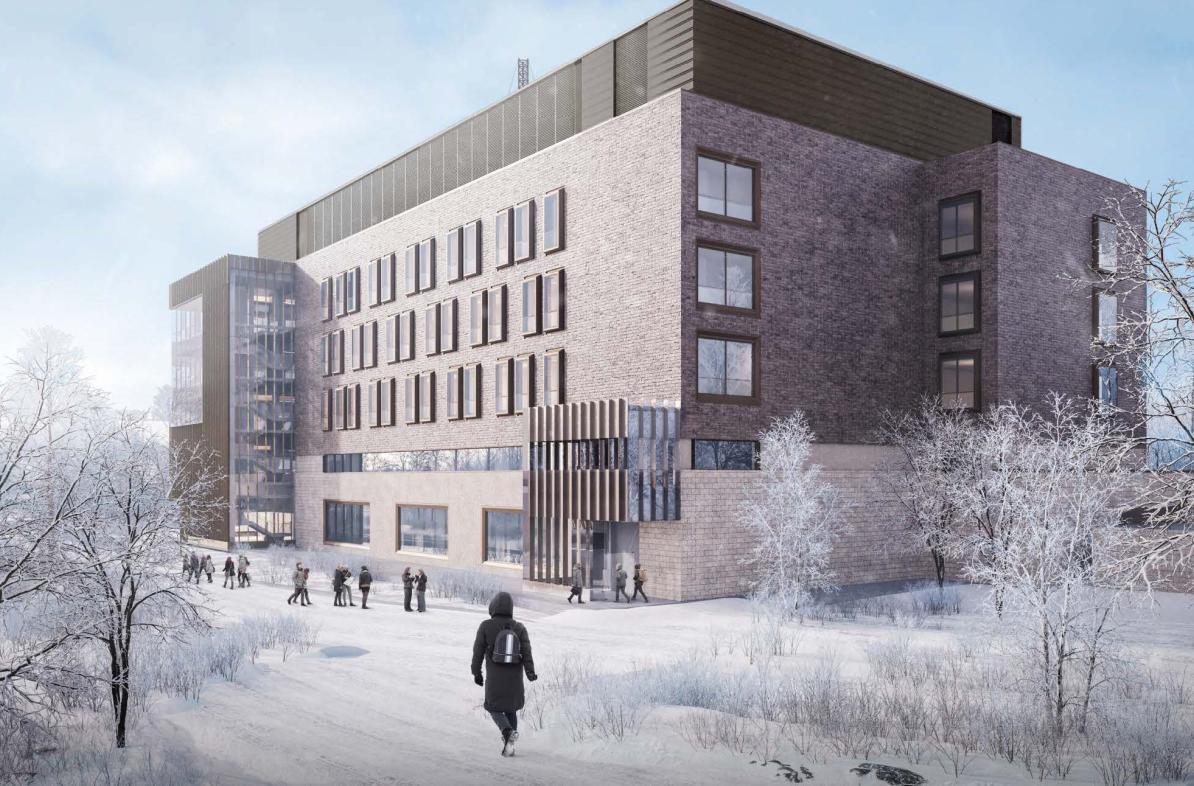 Science and Health Sciences Building rendering in winter