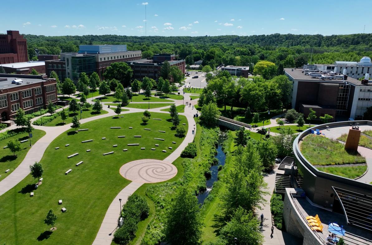 Aerial campus mall and creek