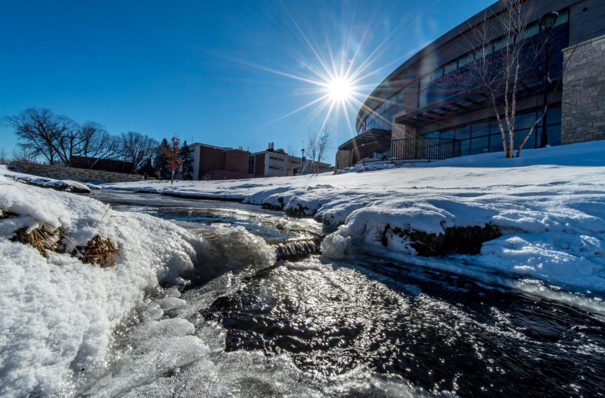 Winter campus beauty shot of Davies Center and Little Niagra.